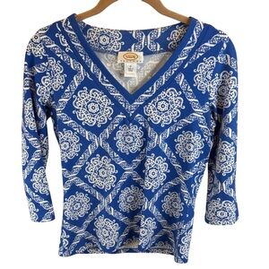 Talbots Petites Blue & White Medallion Print 3/4 Sleeve Top – Size Petite Small